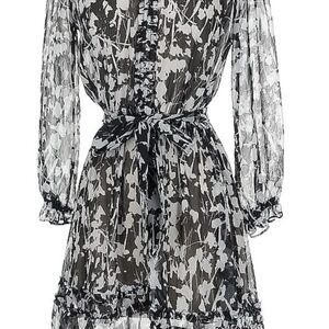 SIMPLY VERA VERA WANG Sheer Black and Gray Floral Long Sleeve Midi Dress & Belt